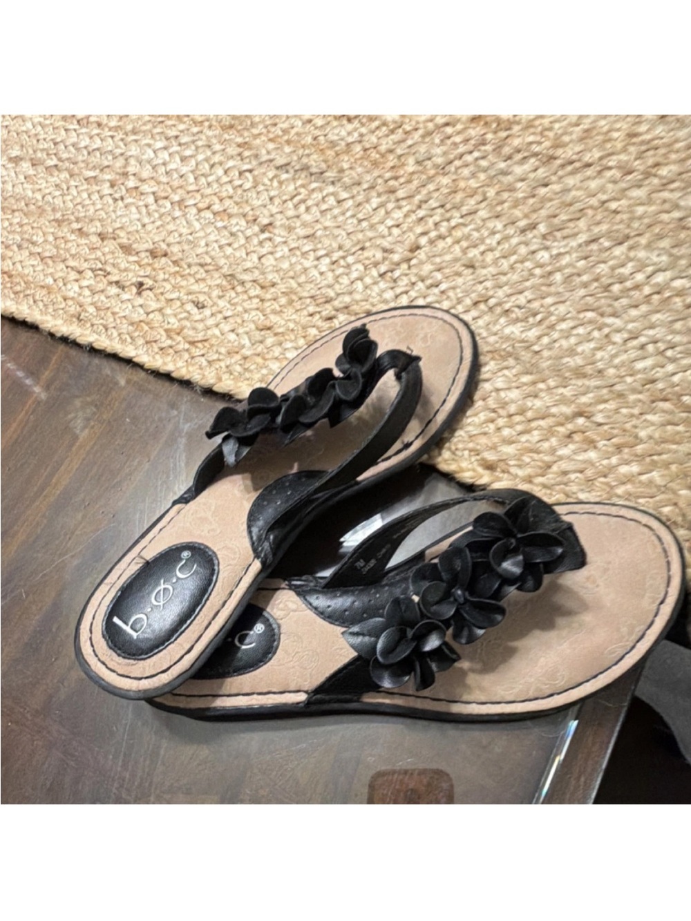 b.o.c. Black Floral Thong Sandals with Flower Appliqués